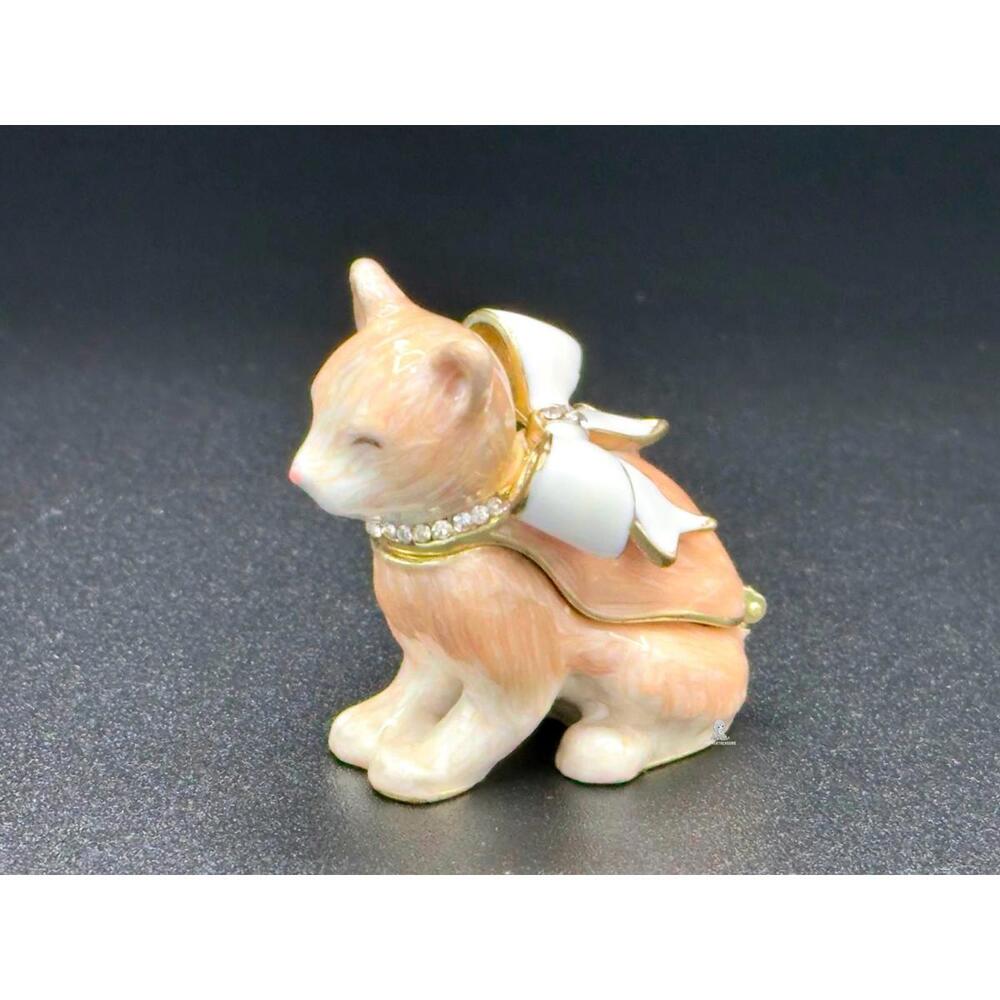 Vintage Cat Trinket Box with Rhinestone Collar and White Bow
